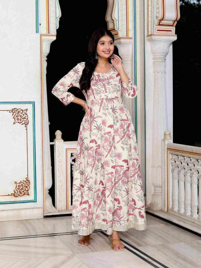 Miravan Women's Light Pink Cotton Gotapatti Birds And Leaf Floral Printed Anarkali Kurta | Grocsy
