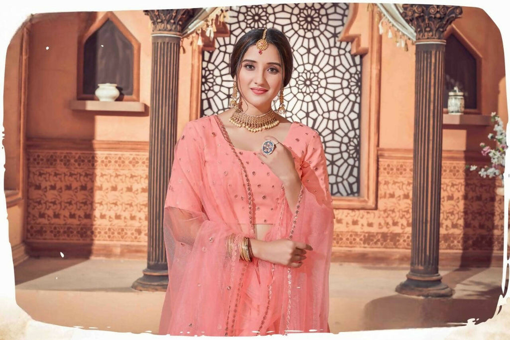 DEIANA'S Beautiful Thread Sequence Lehengha Choli - Peach | Grocsy