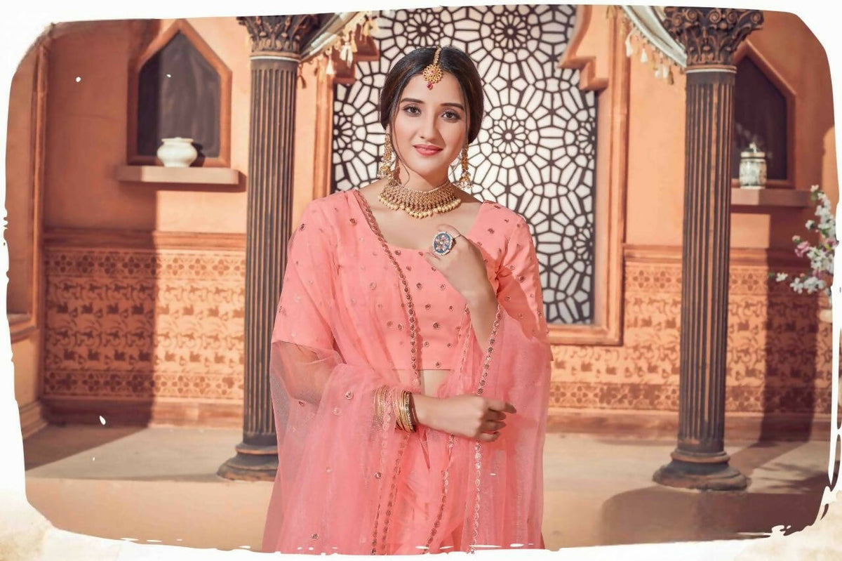DEIANA'S Beautiful Thread Sequence Lehengha Choli - Peach | Grocsy
