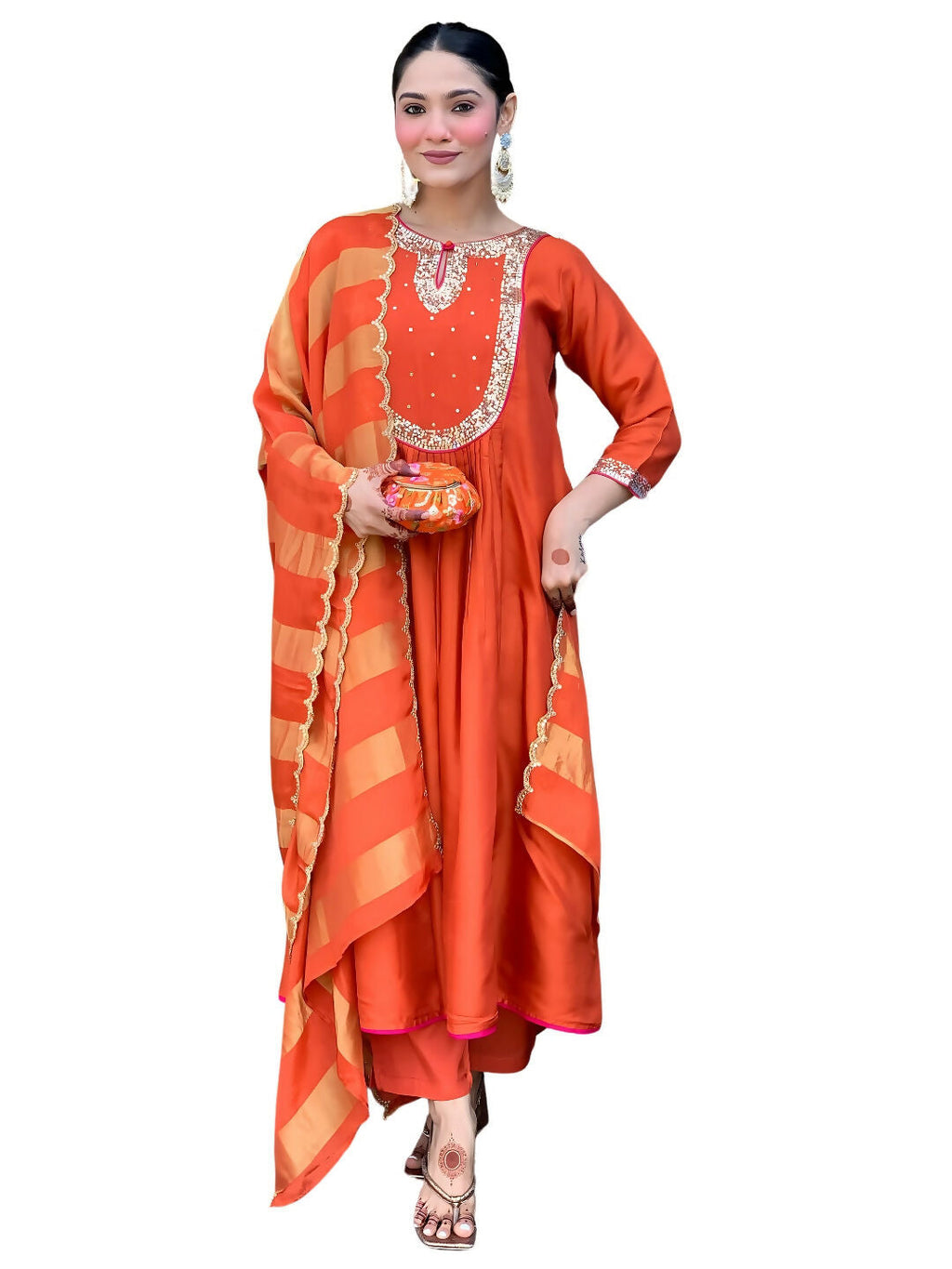 The52 Rust Women's Gorgeous Embroidered Work Chanderi Fabric Flared Kurta Pant and Dupatta Set | Grocsy