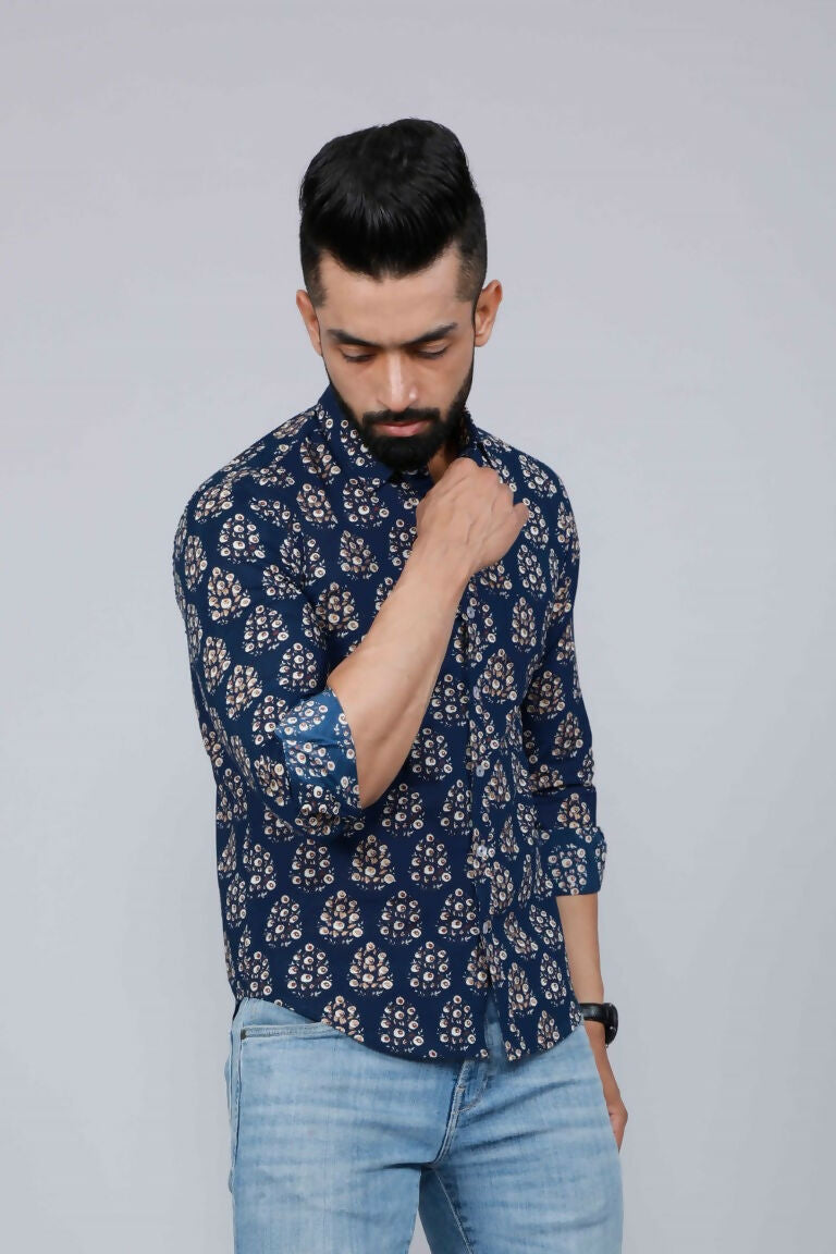 Miravan Men's Blue Floral Print Full Sleeve Casual Shirt | Grocsy