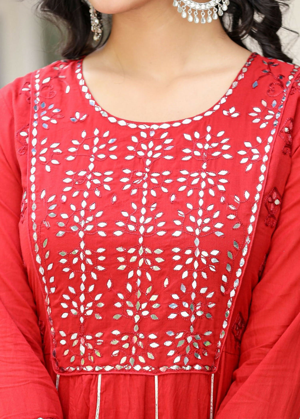 Kaajh Women's Red Mirror Embroidered Cotton Ethnic Dress | Grocsy