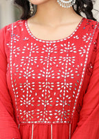 Kaajh Women's Red Mirror Embroidered Cotton Ethnic Dress | Grocsy