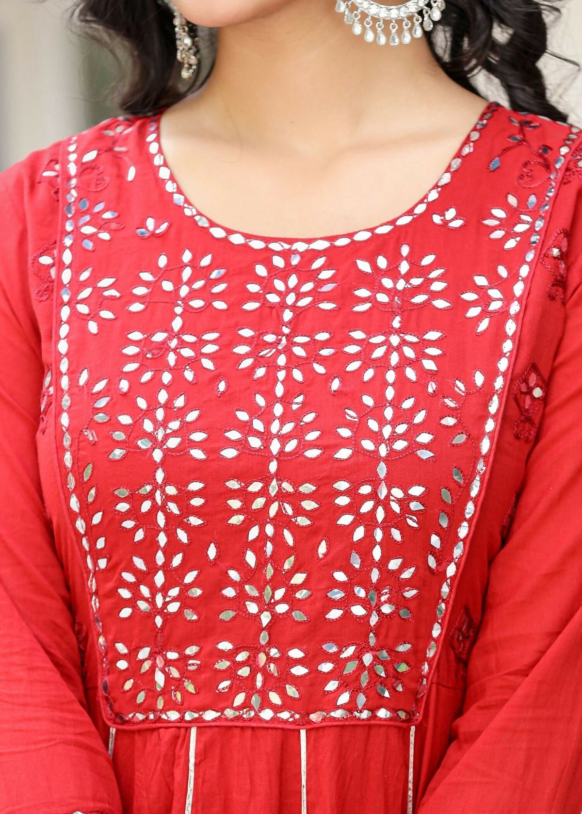 Kaajh Women's Red Mirror Embroidered Cotton Ethnic Dress | Grocsy