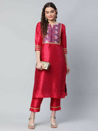 Ahalyaa Womens Red Art Silk Printed Kurta Pant Set | Grocsy
