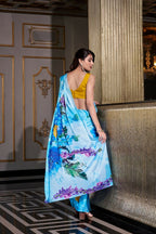 Vastranavya Sea Blue Satin Silk Printed Saree with Hotfix Work Unstitched Blouse | Grocsy