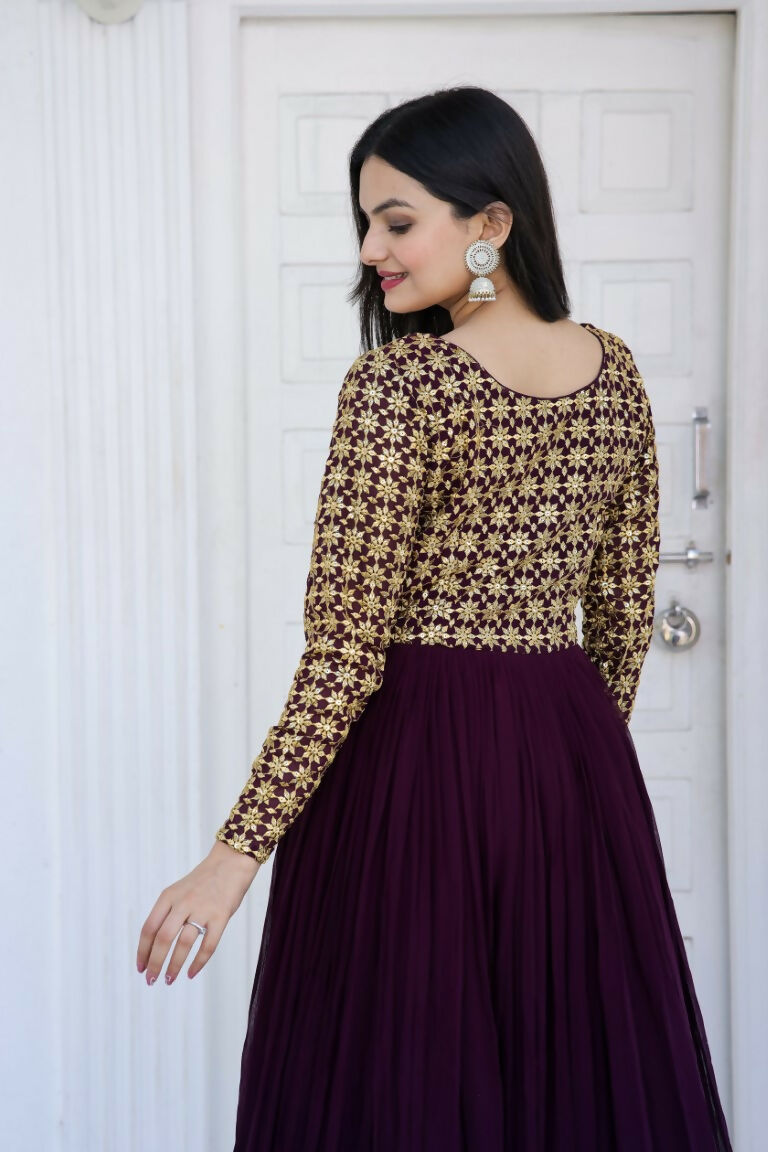 Jyoti Fashion Women's Wine Sequence Zari Embroidered Faux Blooming Anarkali Dress | Grocsy