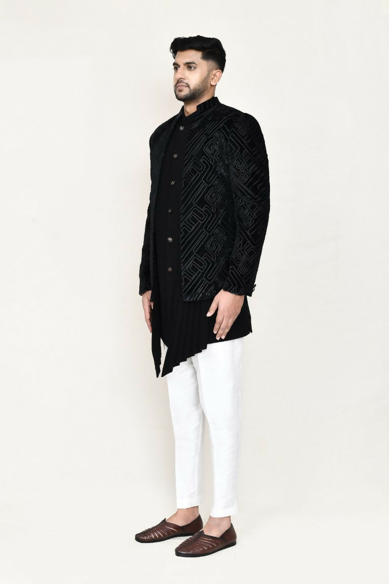 Joban Fashion Black Colored Velvet Based With Full Embroidered Fabric Open Jacket, Indo Western With Pant | Grocsy