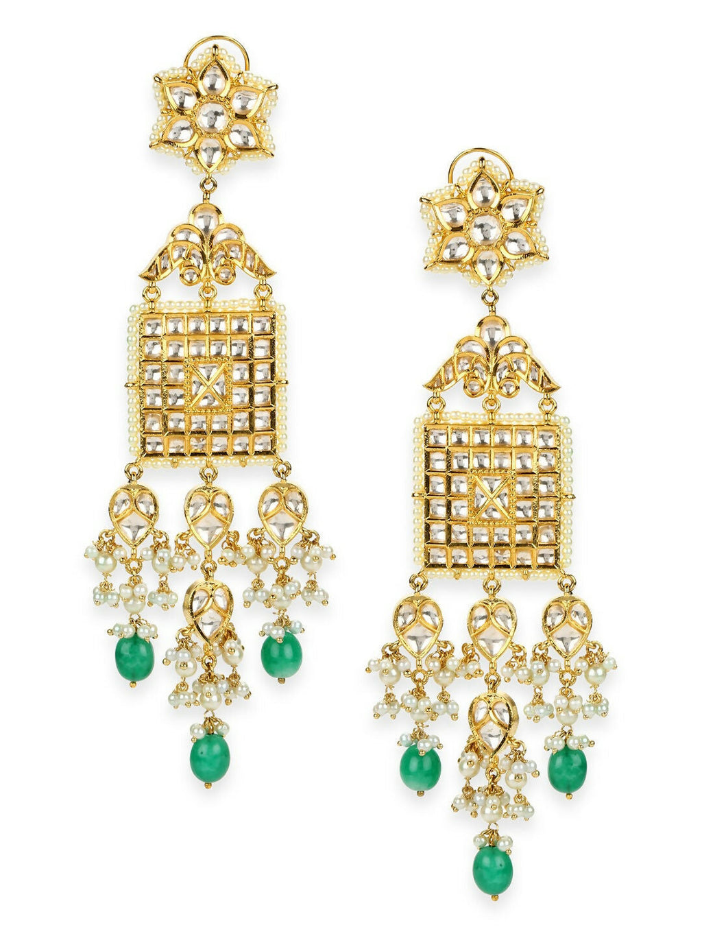 Long Kundan Earrings with Green Stone- Ruby Raang | Grocsy