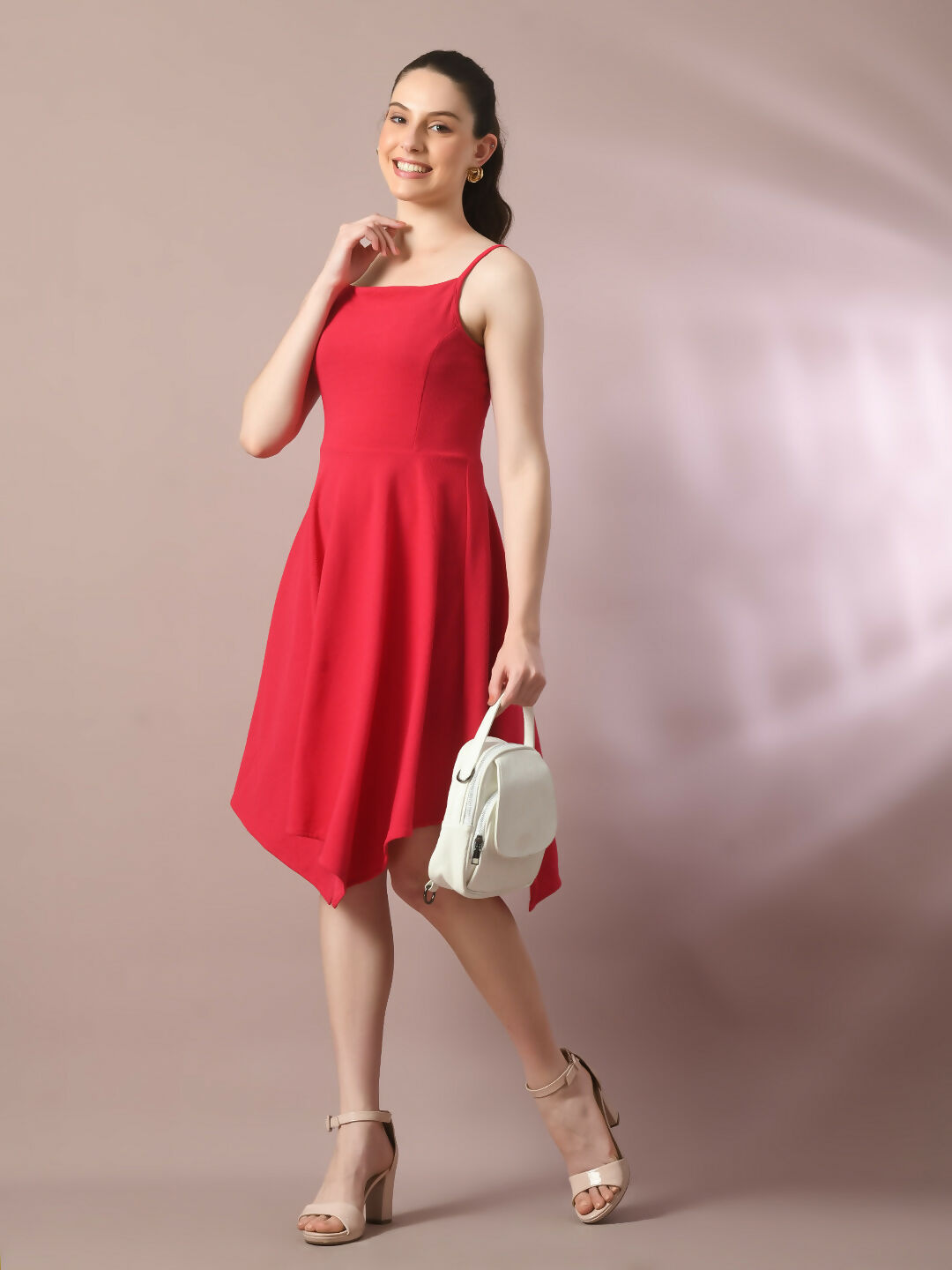 Myshka Women's Pink Solid Shoulder Straps Fit and Flare Party Dress | Grocsy