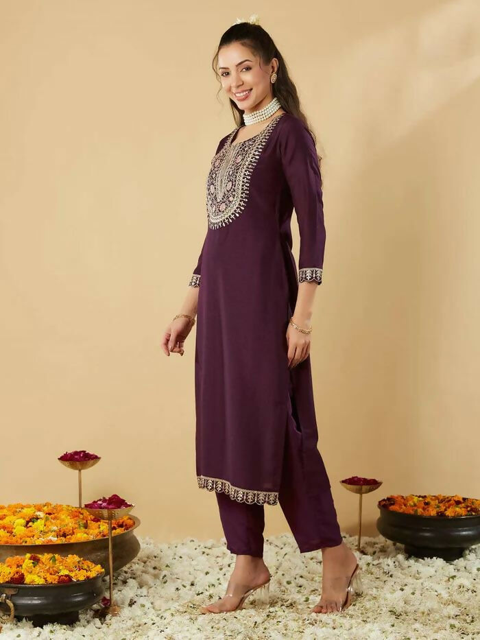 The52 Women's Beautiful Chanderi Silk Fabric Embroidery Work Straight Kurta Pant and Dupatta Set | Grocsy