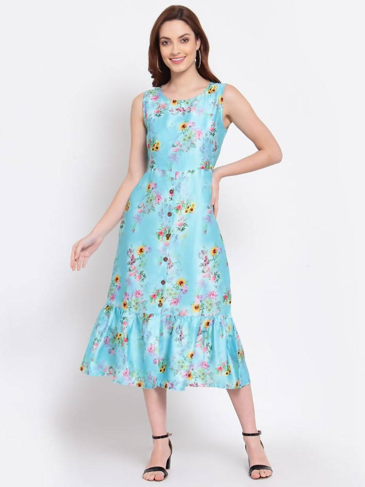 Myshka Women's Green Printed Cotton Blend Sleeveless Round Neck Casual Dress | Grocsy