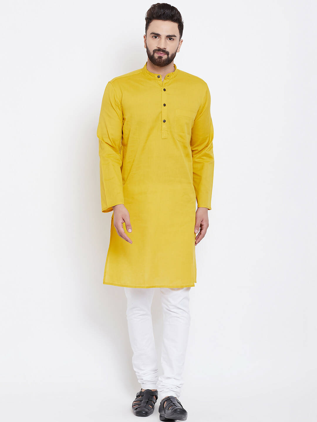 Even Apparels Yellow Men's Pure Cotton Kurta With Band Collar | Grocsy