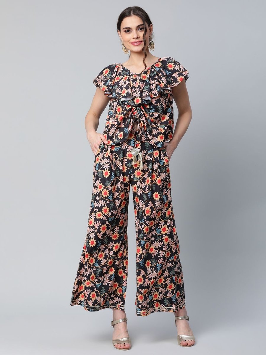 Ahalyaa Women Black Crepe Digital Print Top with Palazzo Set | Grocsy