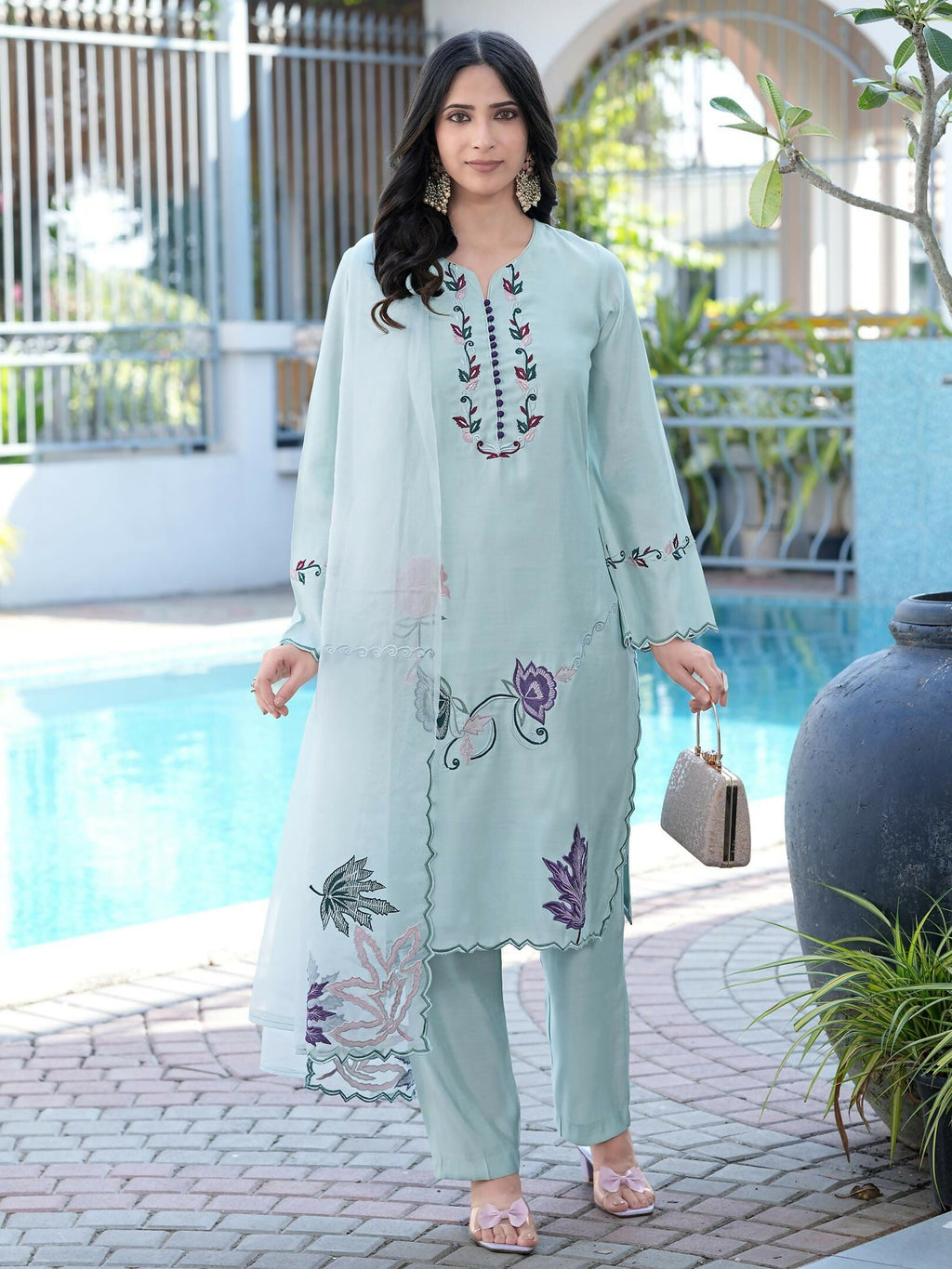 Nikhaar Sea Green Embroidered Art Silk Stitched Straight Cut Kurta Pants Dupatta Readymade Suit | Grocsy