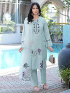 Nikhaar Sea Green Embroidered Art Silk Stitched Straight Cut Kurta Pants Dupatta Readymade Suit | Grocsy
