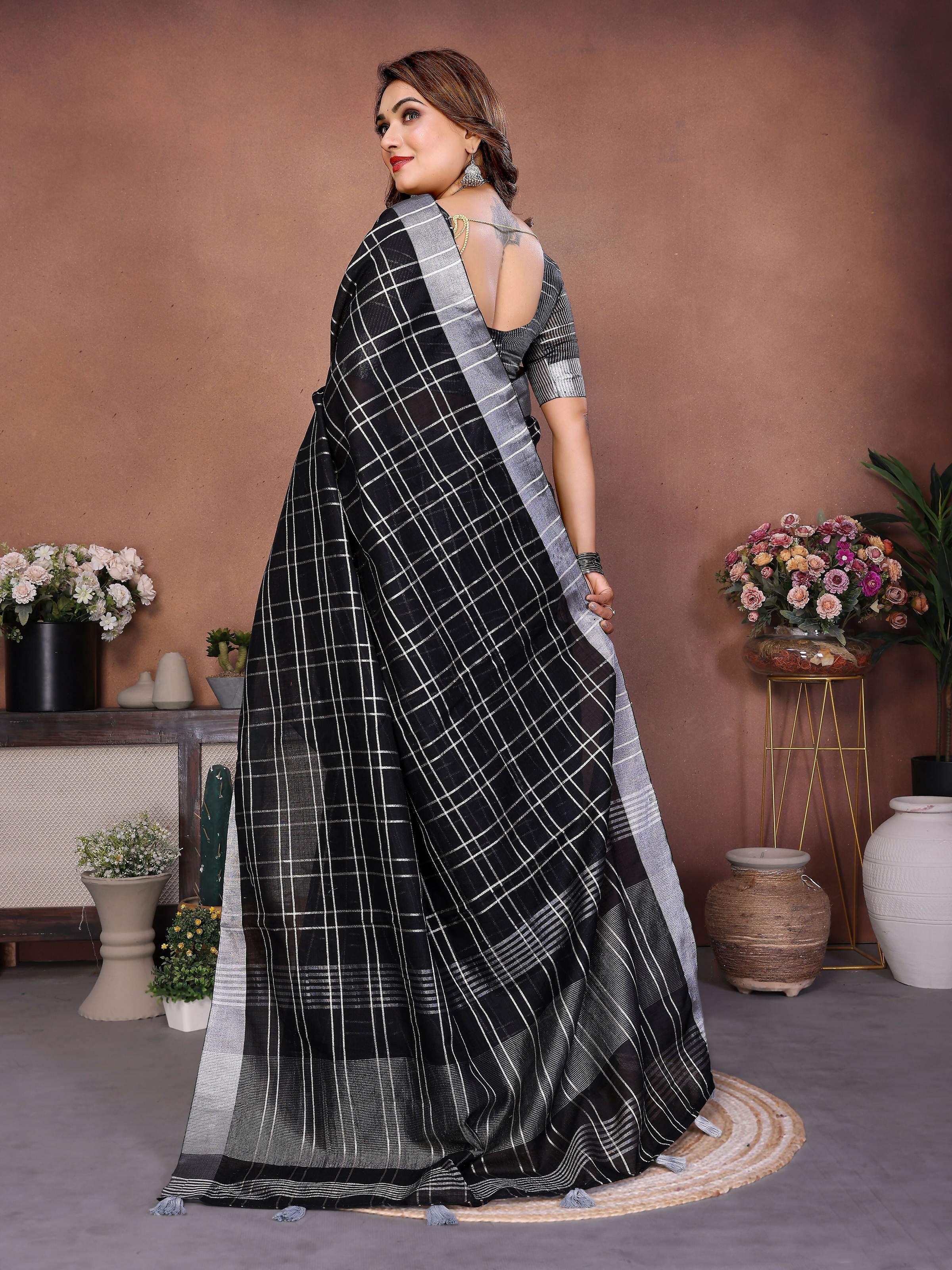 Aastha Fashion Black Linen Weaving Saree | Grocsy