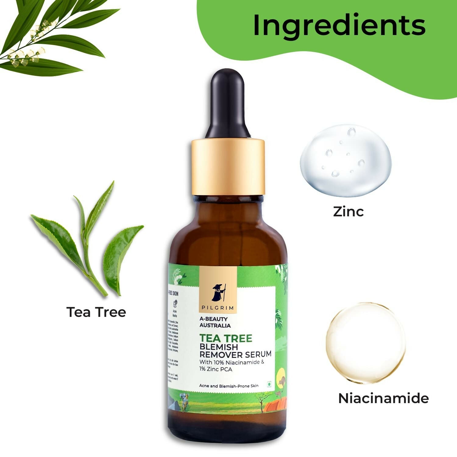 Pilgrim Tea Tree & 10% Niacinamide Blemish-Remover Serum with Zinc PCA For Acne Prone Skin | Grocsy