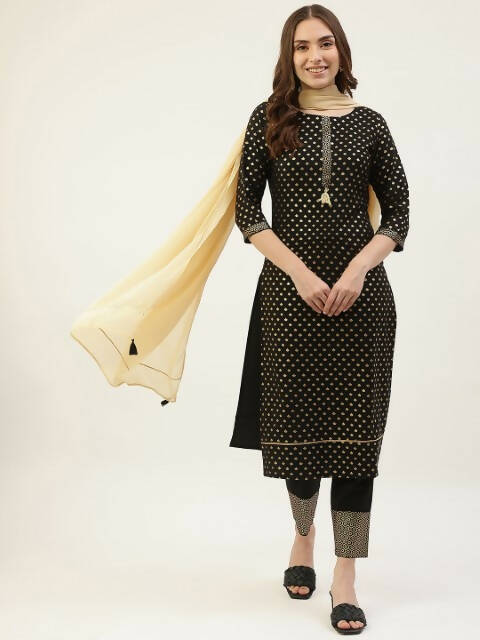 FIORRA Women's Black Poly Crepe Straight Kurta Pant With Dupatta | Grocsy