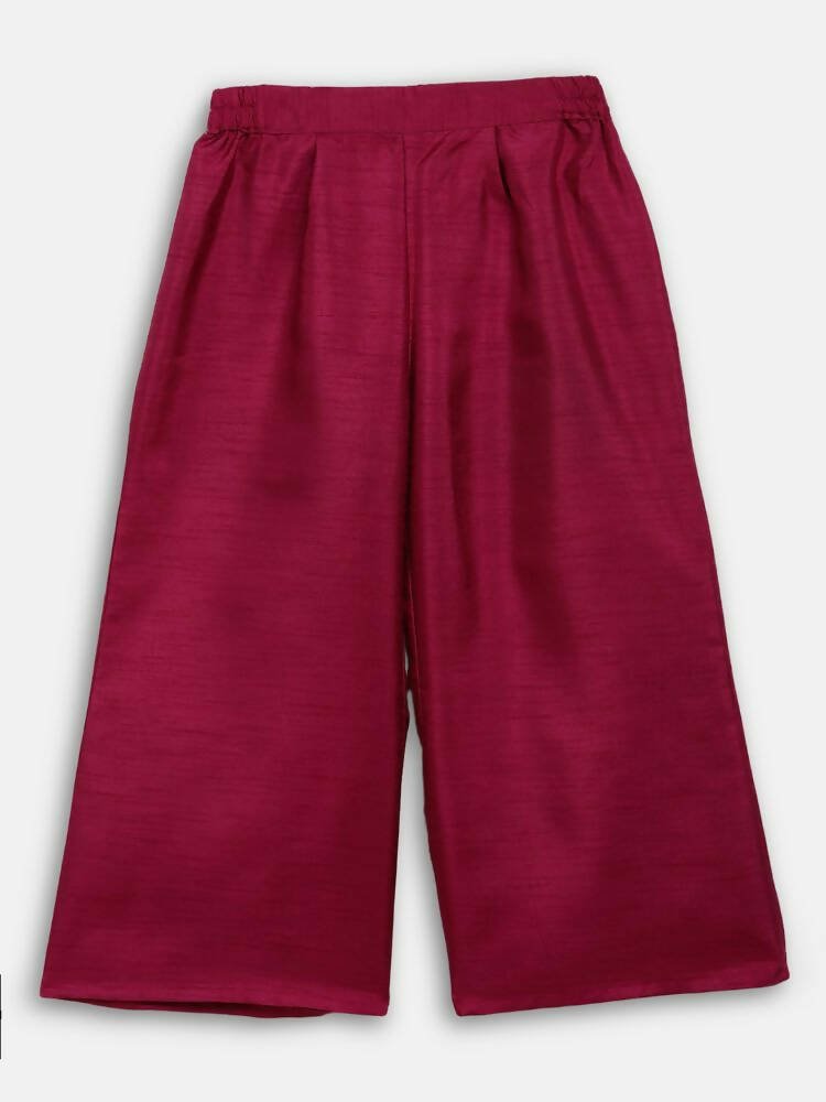 Ahalyaa Wine Poly Silk Curved Kids Kurta Palazzo Set With Bottom For Girls | Grocsy