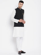 Even Apparels Black Pure Cotton White Kurta Sets With Eid Insignia Jackets PW668 | Grocsy