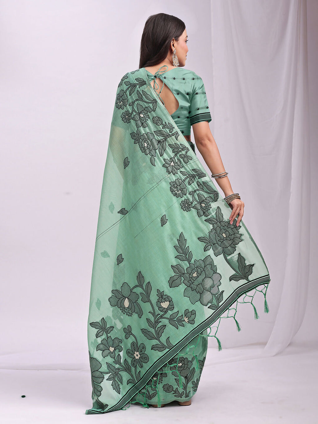 Shree Shyam Fashion Kashira Rama Green Linen Cotton Saree | Grocsy