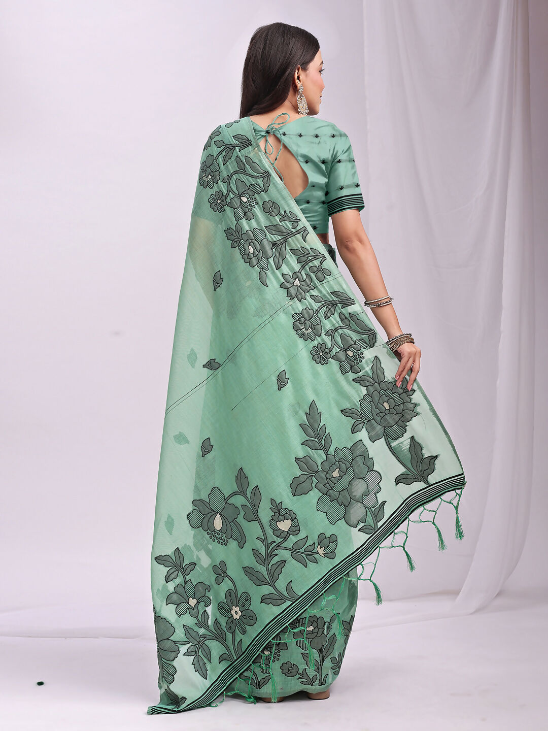 Shree Shyam Fashion Kashira Rama Green Linen Cotton Saree | Grocsy