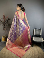 Prime Volt Pure Handloom Kanjivaram Katan Silk Saree with Antique Zari & Contrast Pallu-Purple | Grocsy
