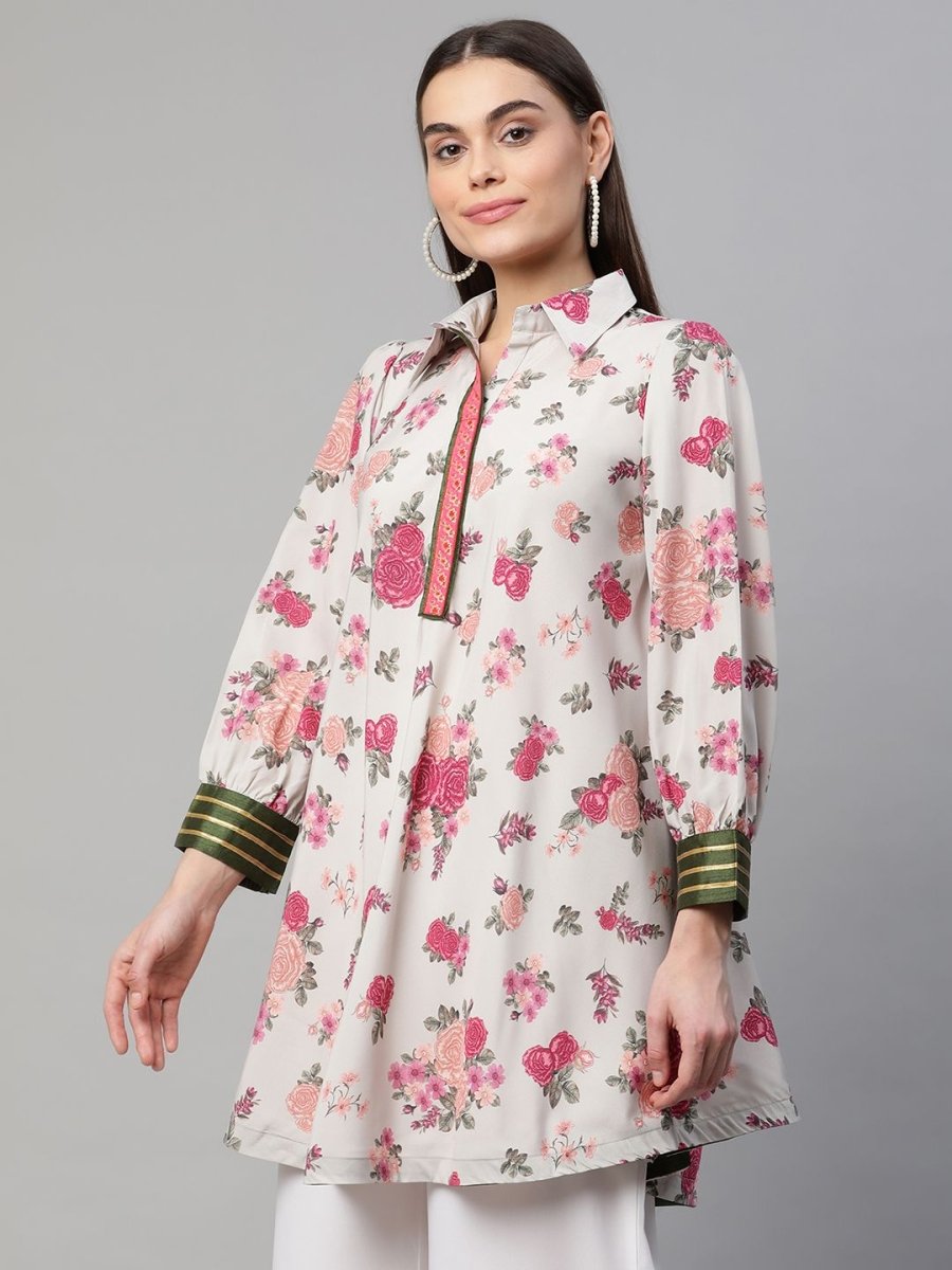 Ahalyaa Women Beige Crepe Digital Floral Print Tunic | Grocsy