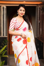 White Kota Silk Printed Saree with Unstitched Blouse - Hiral Fashion | Grocsy