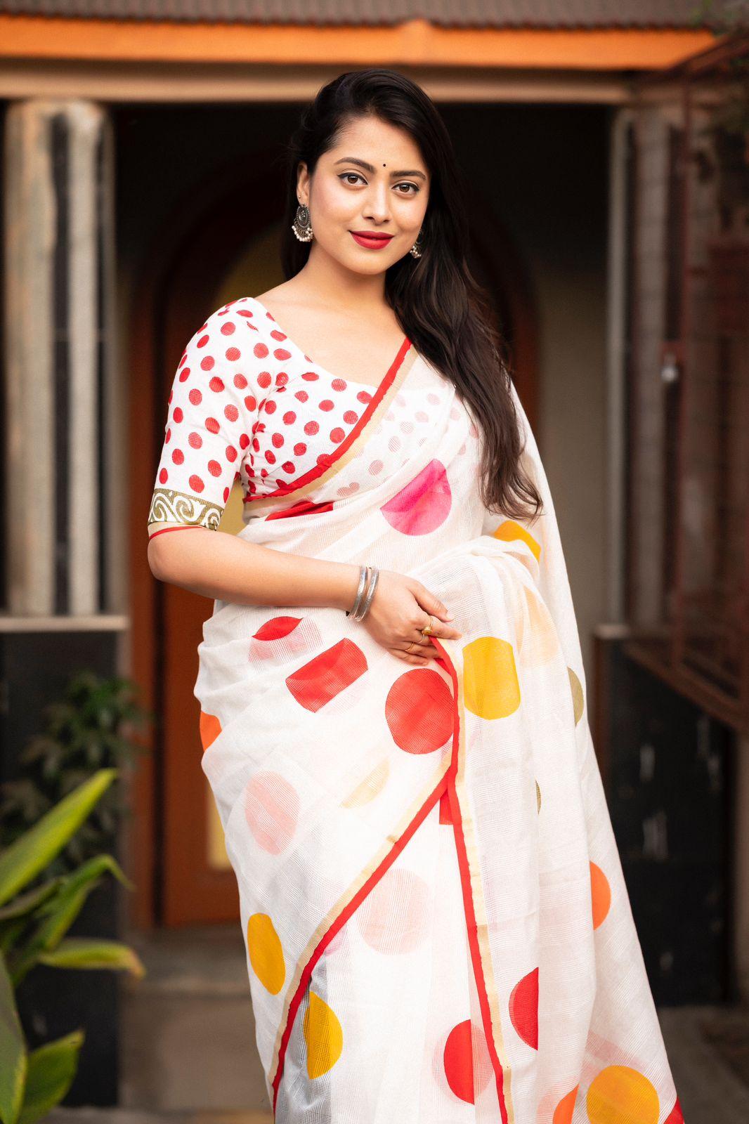 White Kota Silk Printed Saree with Unstitched Blouse - Hiral Fashion | Grocsy