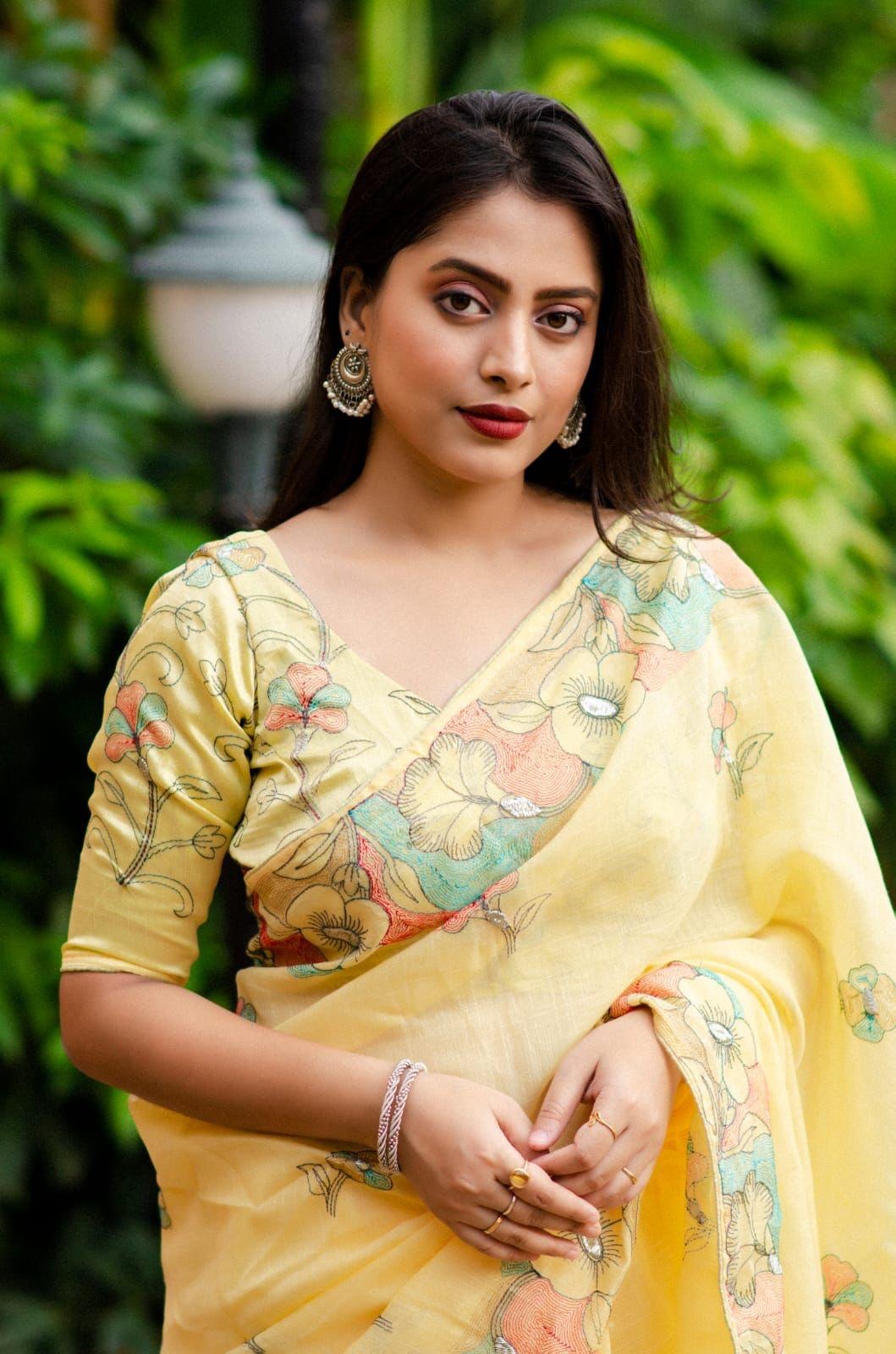Yellow Pure Linen Ethnic Motifs Saree with Unstitched Blouse - A2M | Grocsy