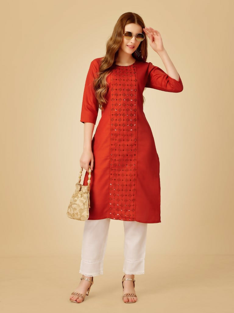 Jyoti Fashion Women's Rust Cotton Blend Embroidered Kurta Pant Set | Grocsy