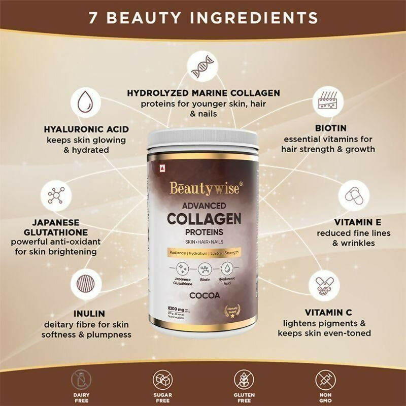 Beautywise Advanced Marine Collagen Anti-Aging Powder - Glutathione, HA & Biotin - Cocoa | Grocsy