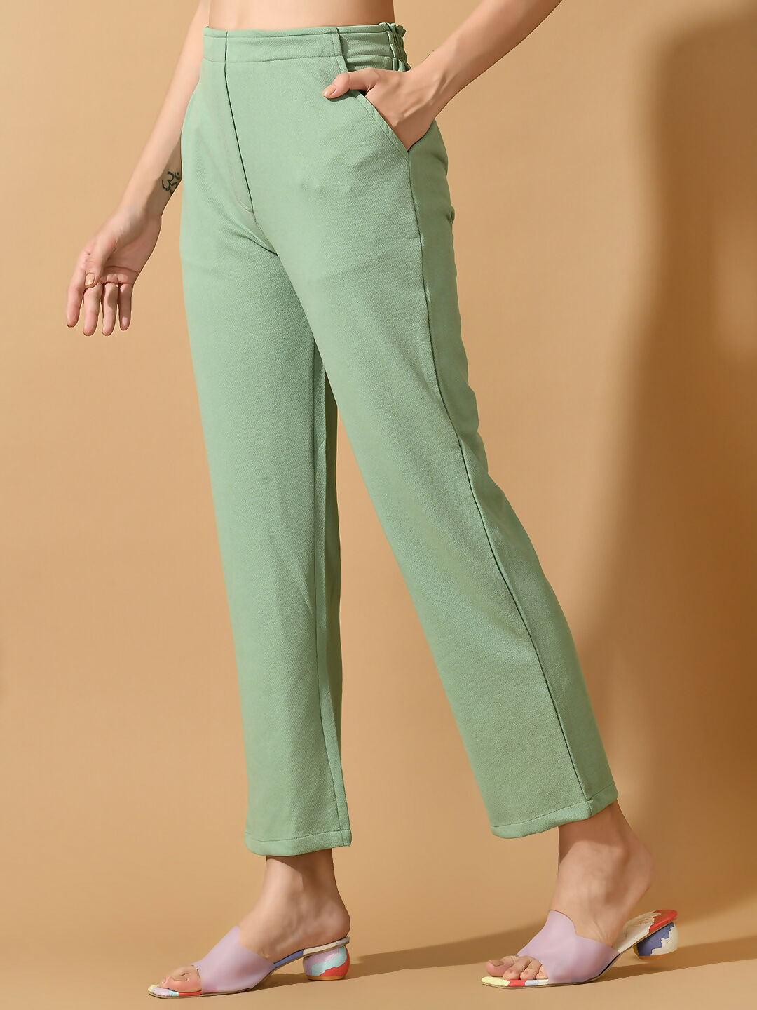 Myshka Women's Green Straight Fit Party Trouser | Grocsy