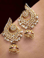 Gold-Polished Peacock Design Brass Kundan Stone Handcrafted Jhumka Latkan Earrings By House of Ree - House of Ree