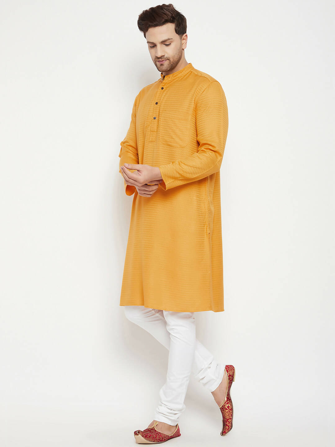Even Apparels Yellow Viscose Men's Long Kurta With Band Collar | Grocsy