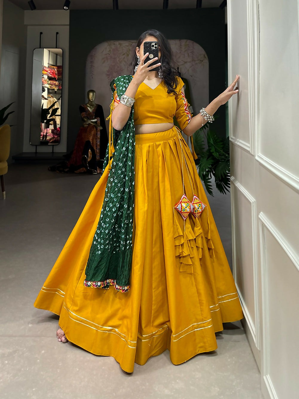 Vastranavya Navaratri Special Pure Cotton Plain With Gotta Patti Touch Up Lehenga Stitched Choli - Mustard | Grocsy