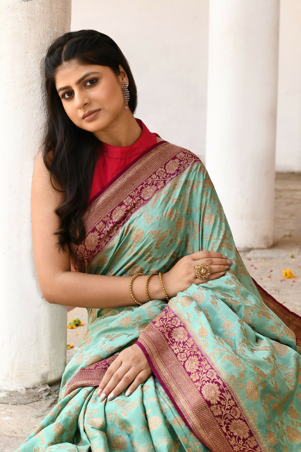 Joban Fashion Aqua Crepe Chiffon Pure Handloom Banarasi Silk Saree | Grocsy