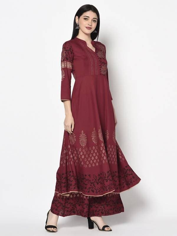Aniyah Rayon Maroon Color Block Print Anarkali Palazzo Set (AN-181K) | Grocsy