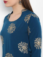 Janasya Women Flower Golden Foil Kurta Set with Dipped Hemline | Grocsy