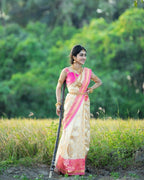 DEIANA'S Beautiful Designer Golden zari Soft Lichi Silk Saree - White | Grocsy