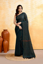 Piyari Fashion Women's Moss Green Embellished Cotton Blend Zari Check Handloom Saree | Grocsy