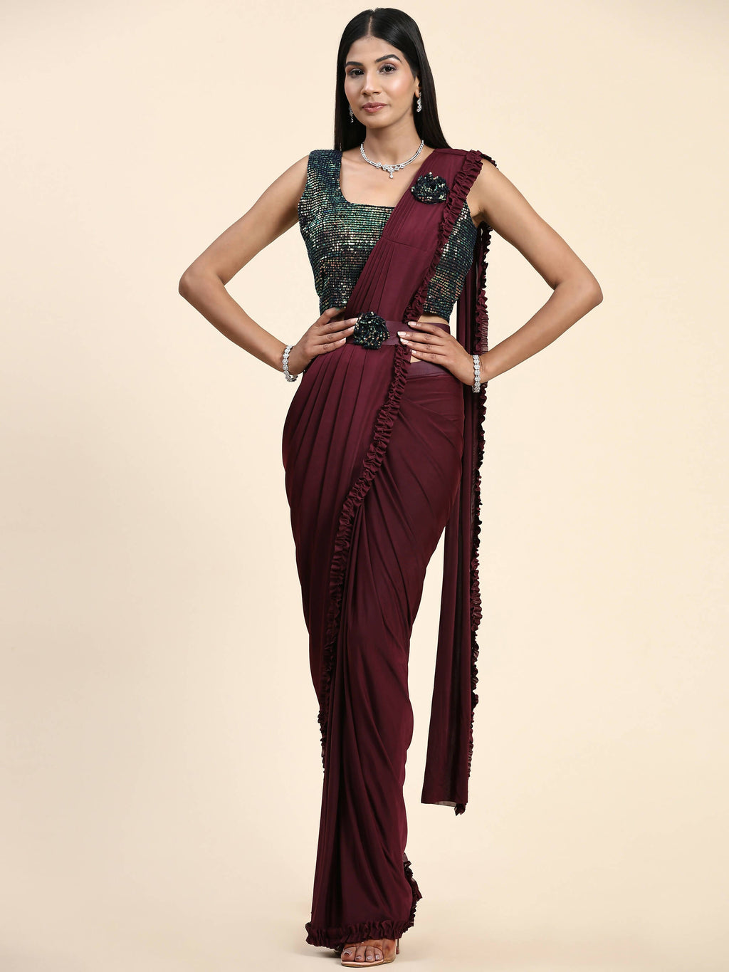 Maroon Imported Fabric Plain Ready to wear Saree with stitched Blouse - Vrinda | Grocsy