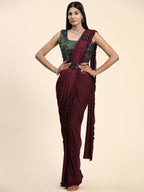 Maroon Imported Fabric Plain Ready to wear Saree with stitched Blouse - Vrinda | Grocsy