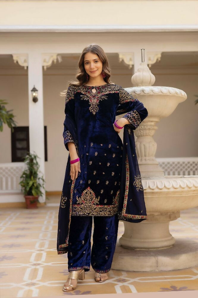 Teeya Creation Blue Color Pure Velvet Embroidery Work Wedding Wear Salwar Suit | Grocsy