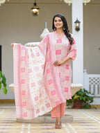 Juniper Women's Pink Floral Printed Cotton Kurta Set With Thread Work | Grocsy