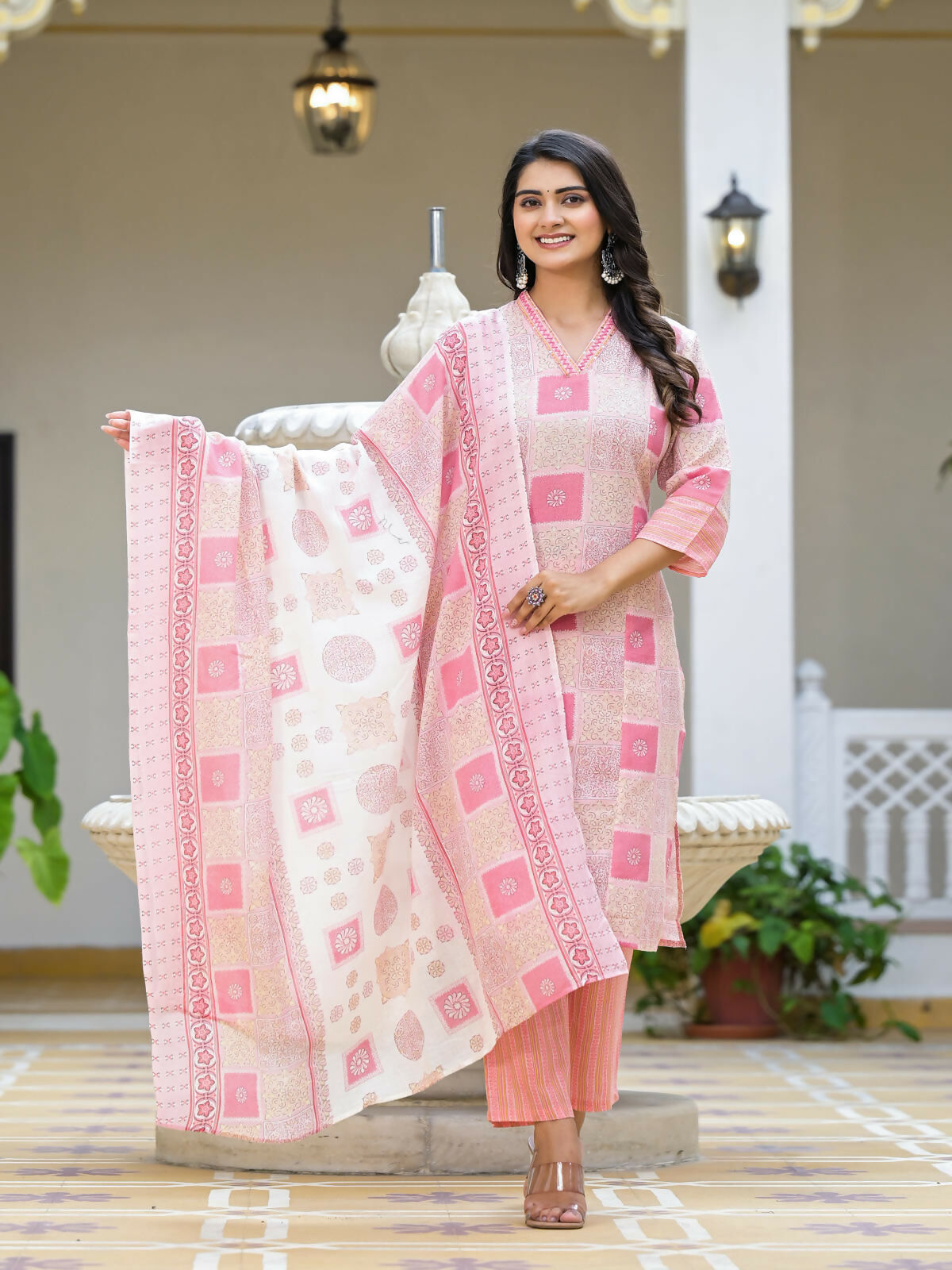 Juniper Women's Pink Floral Printed Cotton Kurta Set With Thread Work | Grocsy
