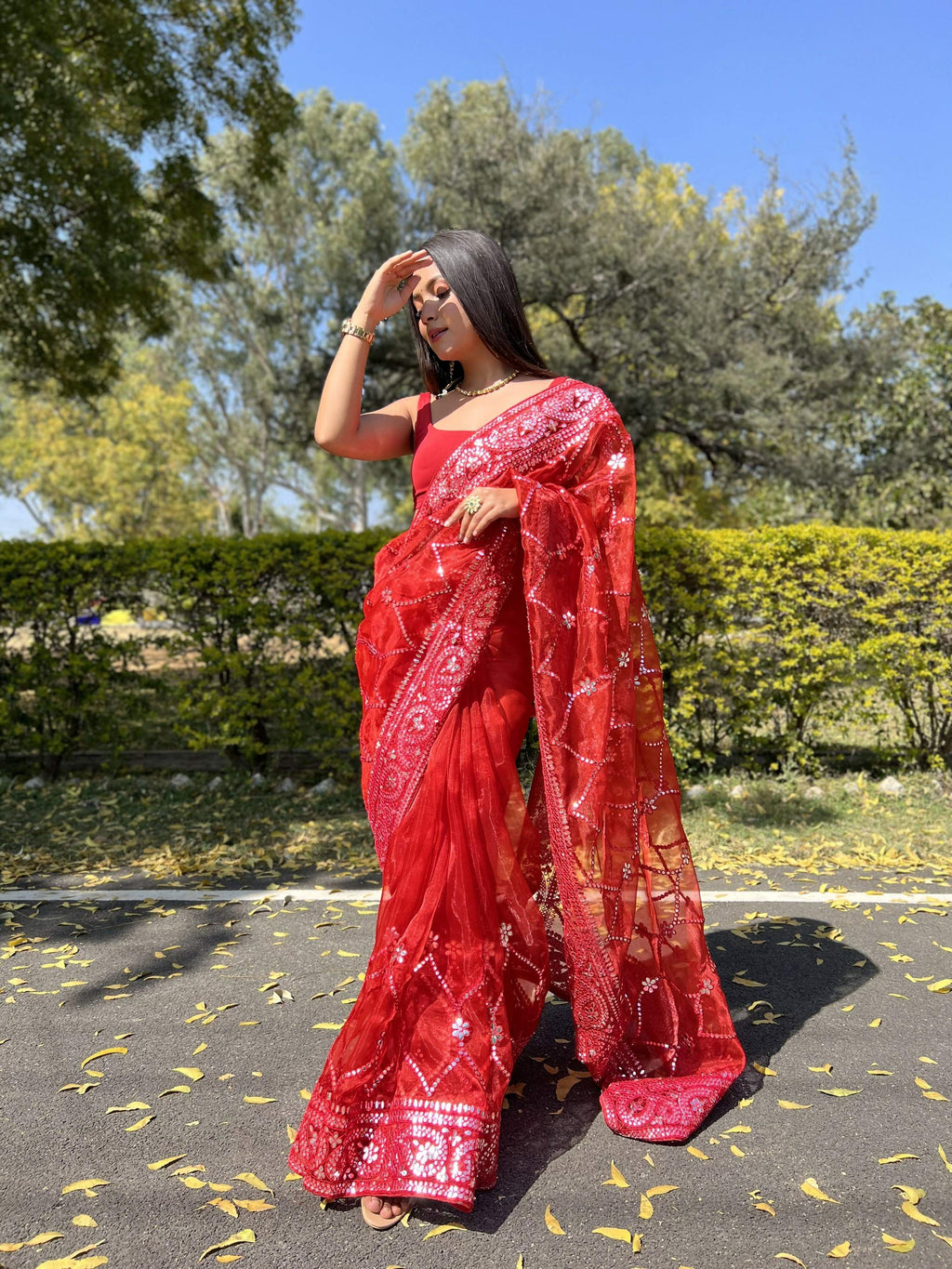 Vamsee Naina Red Organza Saree | Grocsy