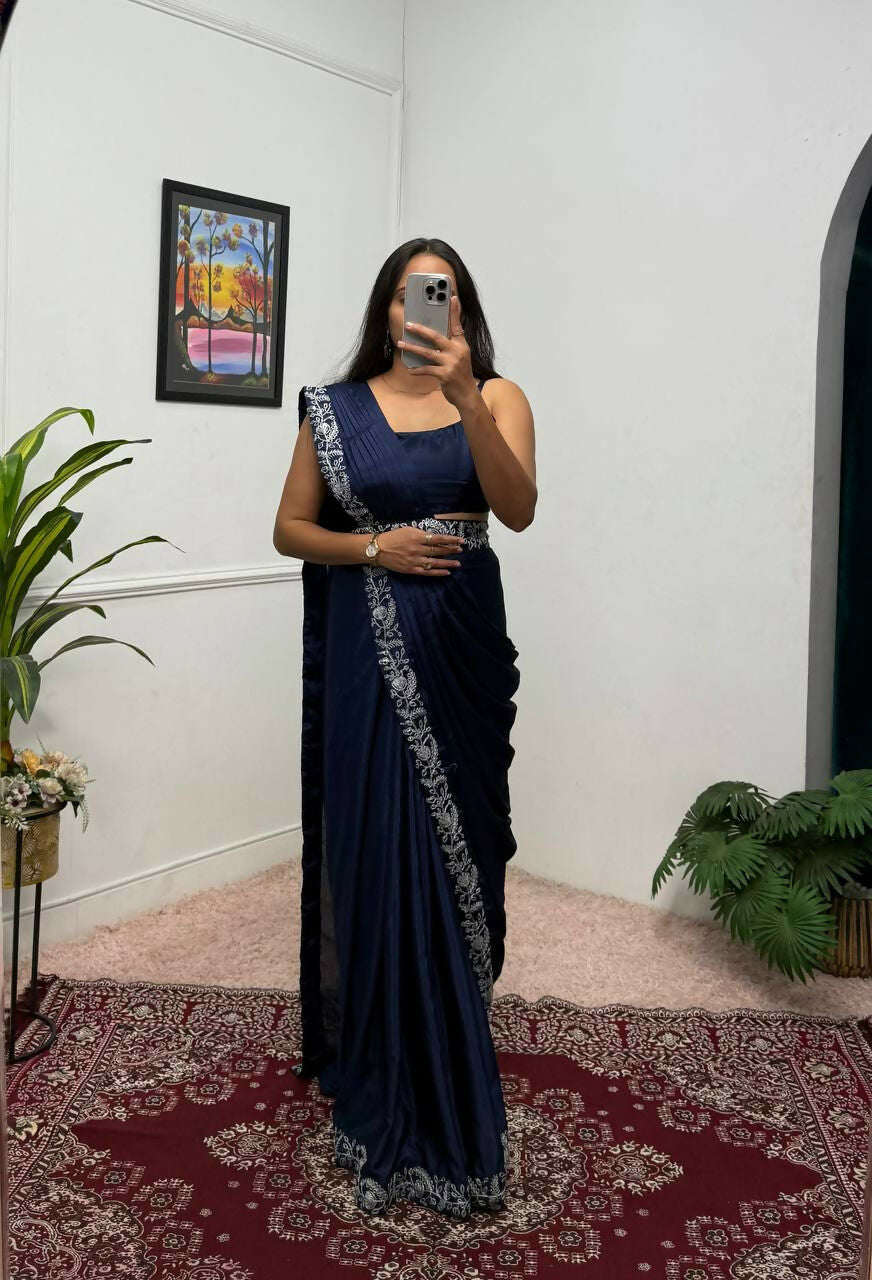 Teeya Creation Blue Color Chinon Silk Wedding Wear Ready To Wear Saree With Koti | Grocsy